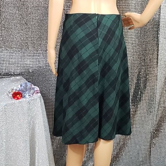 Green Wool Blend Tartan Plaid Zip-Up A-line Skirt - Picture 2 of 4